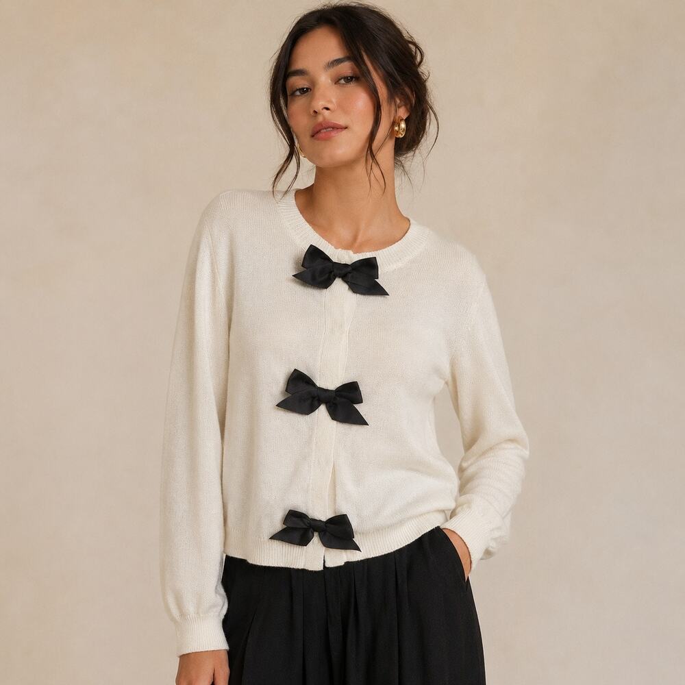 LOFT Ivory Bow Front Cardigan Sweater Snap Closure Preppy Chic M